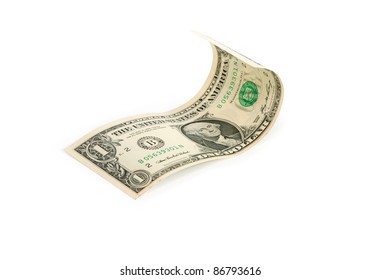 Waved one dollar bill on white background. Isolated with clipping path