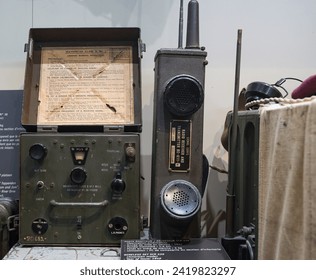 Wavemeter Class D No. 1 MK.2 and American Army Radio Transmitter BC-611-B. The SCR-536 self-contained two-way radio or “handie talkie” widely used in the Army.