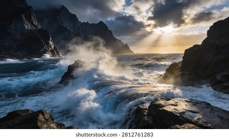 Waves batter the rocky cliffs.