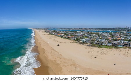 Waves Break On The Warm California Coast. Image Captured From An Aeiral Drone At An Altitude Of 50 Meters