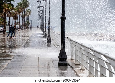 Waves Crashing Into The Beirut Corniche During A Storm 