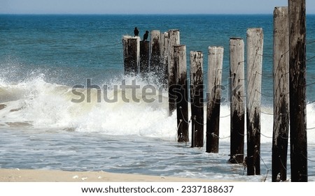 waves crashing on a beach on Chincoteague island. Maryland and Virginia border pillars.