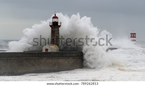 Waves Crashing Over Lighthouse Stock Photo (Edit Now) 789262813