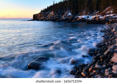 Waves At Dawn On The Cobble Beach At Otter Cliffs, Acadia National Park, Mount Desert Island, Maine.