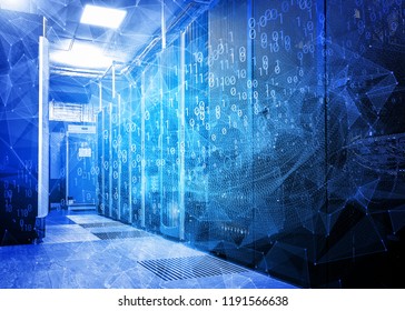 waves of information flows with triangles and particles in the server room of the data center. The concept of hacker attacks and data movement