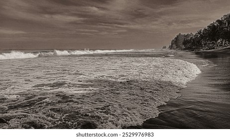 Waves on the beach, trees and cloudy sky.