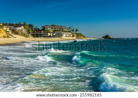Waves in the Pacific Ocean at Victoria Beach, in Laguna Beach, California.