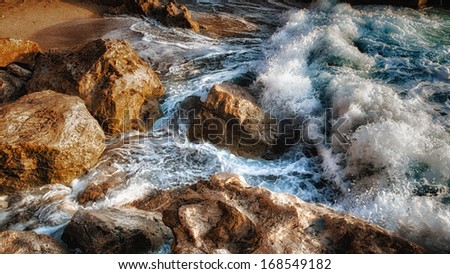 Similar – Image, Stock Photo Aerial Drone View Of Dramatic Ocean Waves Crushing On Rocky Landscape