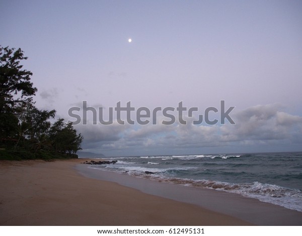 Waves\
roll into shore at day break with moon in the sky on the North\
Shore beach on Oahu, Hawaii.                   \
