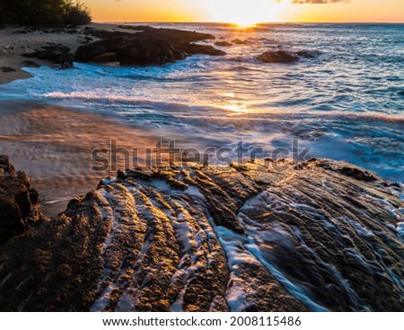 Waves Washing Over Ancient Lava Flows on Kapalaoa Beach at Sunset, Anaeho'omalu Bay, Hawaii Island, Hawaii, USA