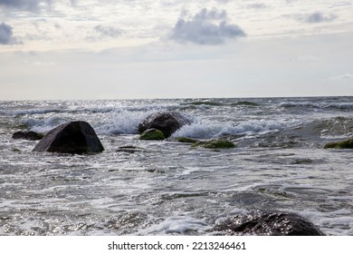 Waves In Windy Weather On The Baltic Sea In August, Seascape In Summer On The Baltic Sea