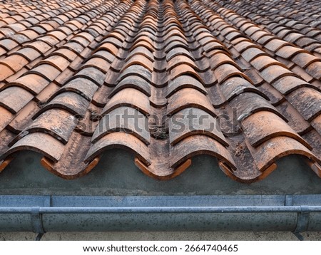 Wavey terracotta tiled rooftops and gutter