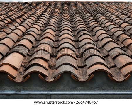 Wavey terracotta tiled rooftops and gutter