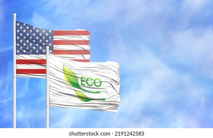 Waving American Flag And Flag Of Green Environmental Protection Logo.