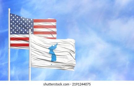 Waving American Flag And Flag Of Korean Unification.