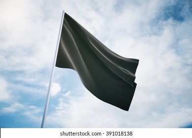 Waving Blank Black Flag Isolated On A Sky Background. Mock Up