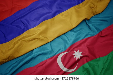 Waving Colorful Flag Of Azerbaijan And National Flag Of Armenia. Macro