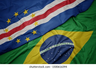 Waving Colorful Flag Of Brazil And National Flag Of Cape Verde. Macro