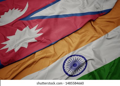 Waving Colorful Flag Of India And National Flag Of Nepal. Macro