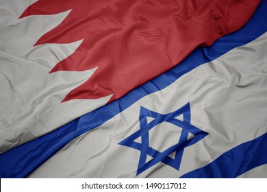 Waving Colorful Flag Of Israel And National Flag Of Bahrain. Macro