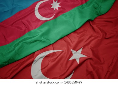 Waving Colorful Flag Of Turkey And National Flag Of Azerbaijan. Macro