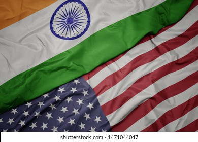 Waving Colorful Flag Of United States Of America And National Flag Of India.macro