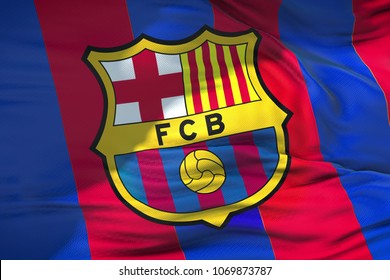 Waving Fabric Texture Flag Of FC Barcelona Football Club, Real Texture Flag, Editorial Use Only