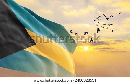 Waving flag of Bahamas against the background of a sunset or sunrise. Bahamas flag for Independence Day. The symbol of the state on wavy fabric.