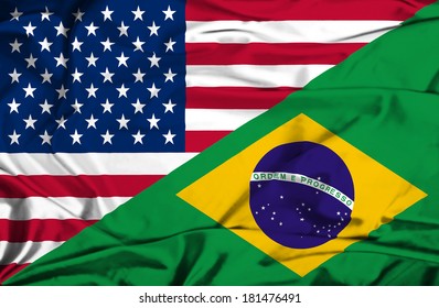 Waving Flag Of Brazil And USA