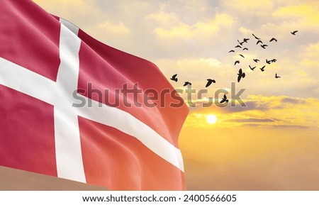 Waving flag of Denmark against the background of a sunset or sunrise. Denmark flag for Independence Day. The symbol of the state on wavy fabric.