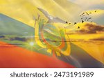 Waving the flag of Ecuador against the background of a sunset or sunrise. Ecuador flag for Independence Day. The symbol of the state on wavy fabric.