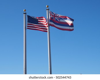 Waving flag of Hawaii state and  American flag
