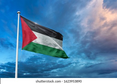 Waving Flag of Palestine with beautiful sky and clouds