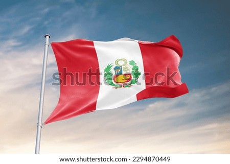 Waving flag of Peru in beautiful sky. Peru flag for independence day. The symbol of the state on wavy fabric.