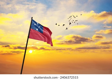 Waving flag of Samoa against the background of a sunset or sunrise. Samoa flag for Independence Day. The symbol of the state on wavy fabric. - Powered by Shutterstock