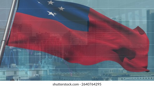 Waving flag of Samoa billowing along urban harbor skyline, with financial charts and graph overlays. Nation, capitalism, finance, economy, commerce, urban, skyscraper