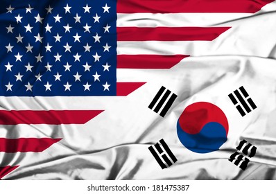 Waving Flag Of South Korea And USA