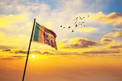Drapeau Agitant Du Sri Lanka Sur Fond De Coucher De Soleil Ou De Lever De Soleil. Drapeau Du Sri Lanka Pour La Fête De L'indépendance. Symbole De L'état Sur Un Tissu Ondulé.