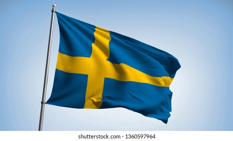 Waving flag of Sweden. Kingdom of Sweden. The flagpole is street.
