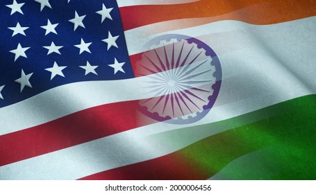 The Waving Flag Of The United States Of America And India Intersecting With Each Other.