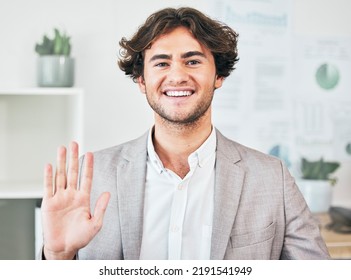 Waving, Greeting And Friendly Business Man With A Bright Smile Attending A Virtual Meeting Or Video Call. Portrait Of A Cheerful, Joyful And Excited Male Employee Joining An Online Webinar