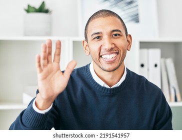 Waving, Greeting And Friendly Employee With A Bright Smile And A Positive Mindset In The Office. Portrait Of A Cheerful, Joyful And Excited Latino Business Man Attending A Videocall