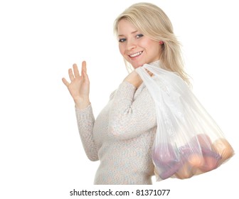 Waving Hello Happy Young Woman And White, Plastic Shopping Bag With Fruits