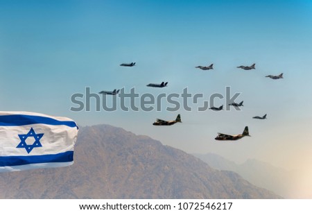 Waving Israeli Flag and Military Aircraft Show or Parade at Independence Day of Israel