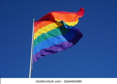 Waving LGBT pride flag or Rainbow  flag . Image from Castro District, San Francisco Californian in the United States