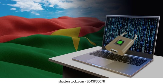 Waving National Flag Of The Burkina Faso. Concept For Information Technology And Data Security Safety To Prevent Cyber Attack. Internet And Network Security.