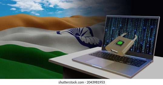 Waving National Flag Of The India. Concept For Information Technology And Data Security Safety To Prevent Cyber Attack. Internet And Network Security.