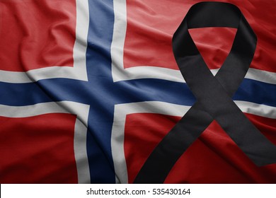 Waving National Flag Of Norway With Black Mourning Ribbon