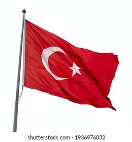 Waving Turkish Flag On White Isolated Background