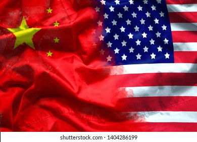 Waving USA And China Flag. Multinational Company Investment Between US And China, Financial Concept